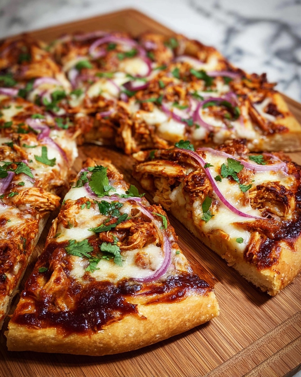 The image shows a thick, richly layered pizza slice resting on a wooden board. The base layer is a thick, golden-brown crust with a soft, airy texture visible inside. On top of the crust, there is a generous layer of deep reddish-brown sauce mixed with chunks of seasoned chicken that have a slightly charred surface. Melted creamy cheese is spread unevenly on top, with patches showing a light golden tint where it has browned. Scattered over the pizza are thin slices of bright purple-red onions and small pieces of fresh green herbs, adding fresh color contrast. The pizza looks warm and freshly baked with a slightly crispy crust edge. Photo taken with an iphone --ar 4:5 --v 7
