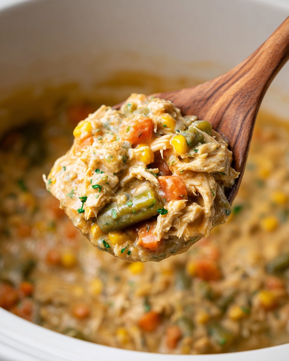 A wooden spoon holds a thick, creamy mixture full of small pieces of orange carrot, yellow corn, green beans, and shredded light beige chicken, with small green herb bits sprinkled throughout. The dish is shown inside a large white bowl with the background being a white marbled texture. The texture of the mixture is smooth and hearty, with visible soft chunks and a rich, slightly glossy sauce coating the ingredients. The focus is on the spoonful above the bowl, showing the dense, colorful layers of the stew-like food. photo taken with an iphone --ar 4:5 --v 7