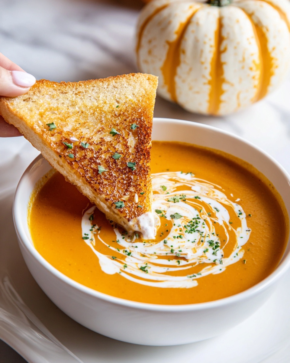 A white bowl filled with thick orange soup, topped with a swirl of white cream and sprinkled with small green herb pieces. A triangular piece of golden toasted bread with a crispy texture is being dipped into the soup by a woman's hand. The bowl sits on a white plate, all placed on a white marbled surface. In the background, there is a white and yellow striped pumpkin adding a cozy touch. photo taken with an iphone --ar 4:5 --v 7