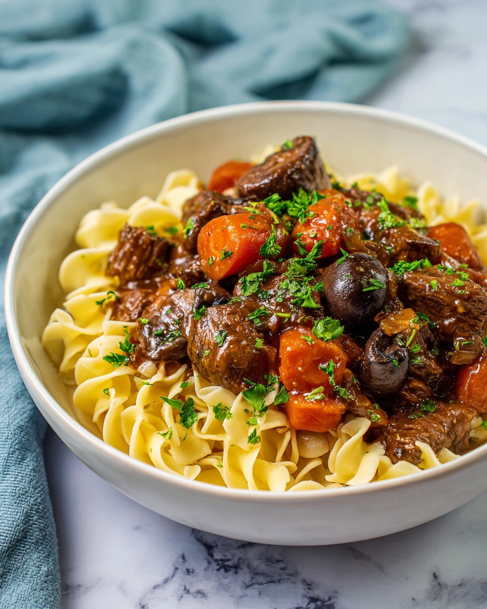 A white bowl filled with three main layers: the bottom layer is light yellow cooked egg noodles with a smooth and slightly curled texture, the middle layer consists of dark brown cooked mushrooms that are round and glossy, and the top layer is a mix of dark brown beef chunks, bright orange cooked carrots, and translucent cooked onions all coated in a shiny rich brown sauce, sprinkled with small green parsley pieces. The bowl sits on a white marbled surface with a soft blue cloth background. photo taken with an iphone --ar 4:5 --v 7