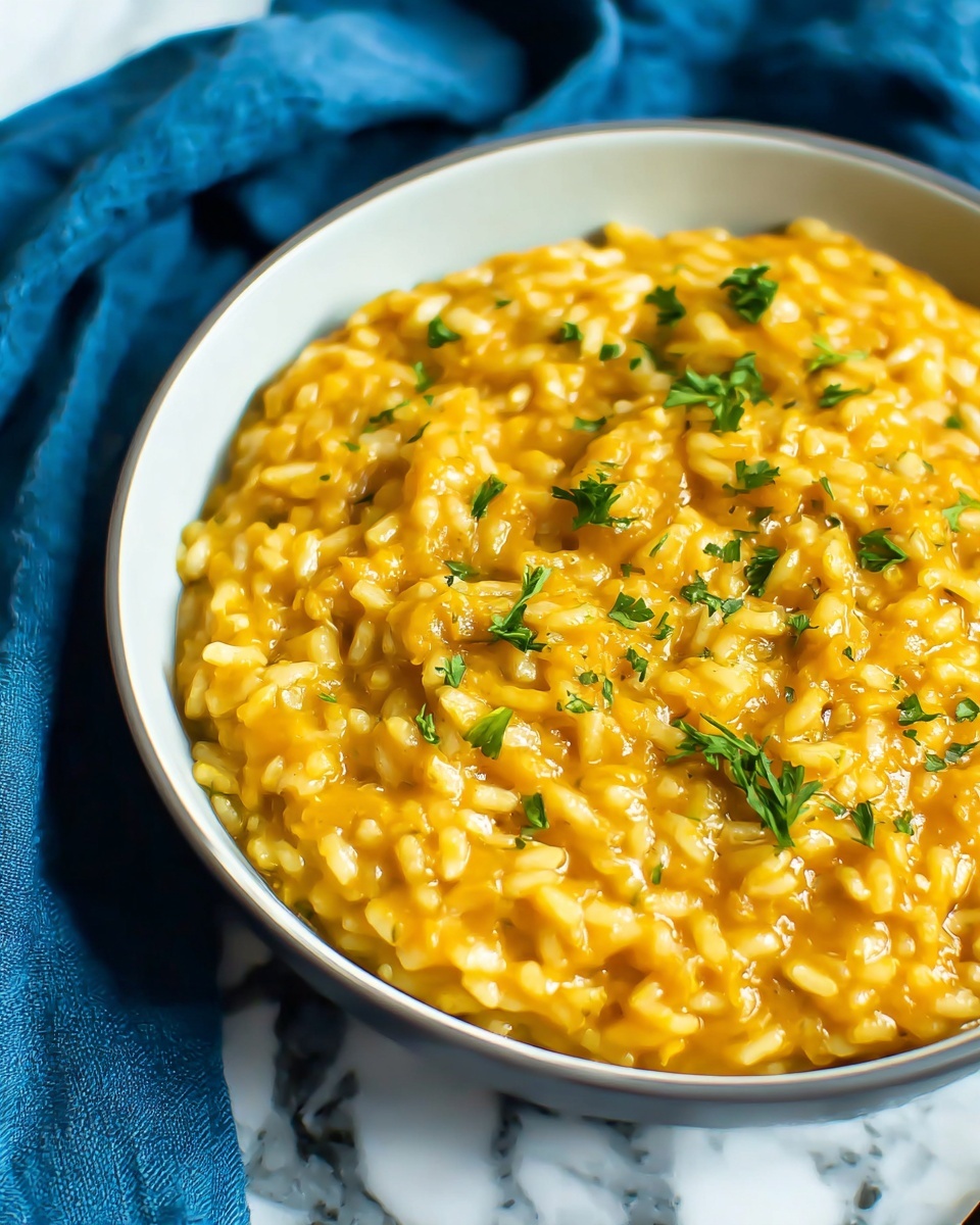 The image shows a white bowl filled with thick, creamy risotto that is a rich golden-yellow color, suggesting it might have pumpkin or squash in it. The risotto is textured with visible grains of rice, and it looks soft and smooth with a slightly glossy surface. Small bits of green parsley leaves are scattered on top for decoration, adding a touch of fresh color. The bowl is set on a white marbled textured surface with a blue cloth partially around it. The image is close up, showing the texture and colors clearly, photo taken with an iphone --ar 4:5 --v 7