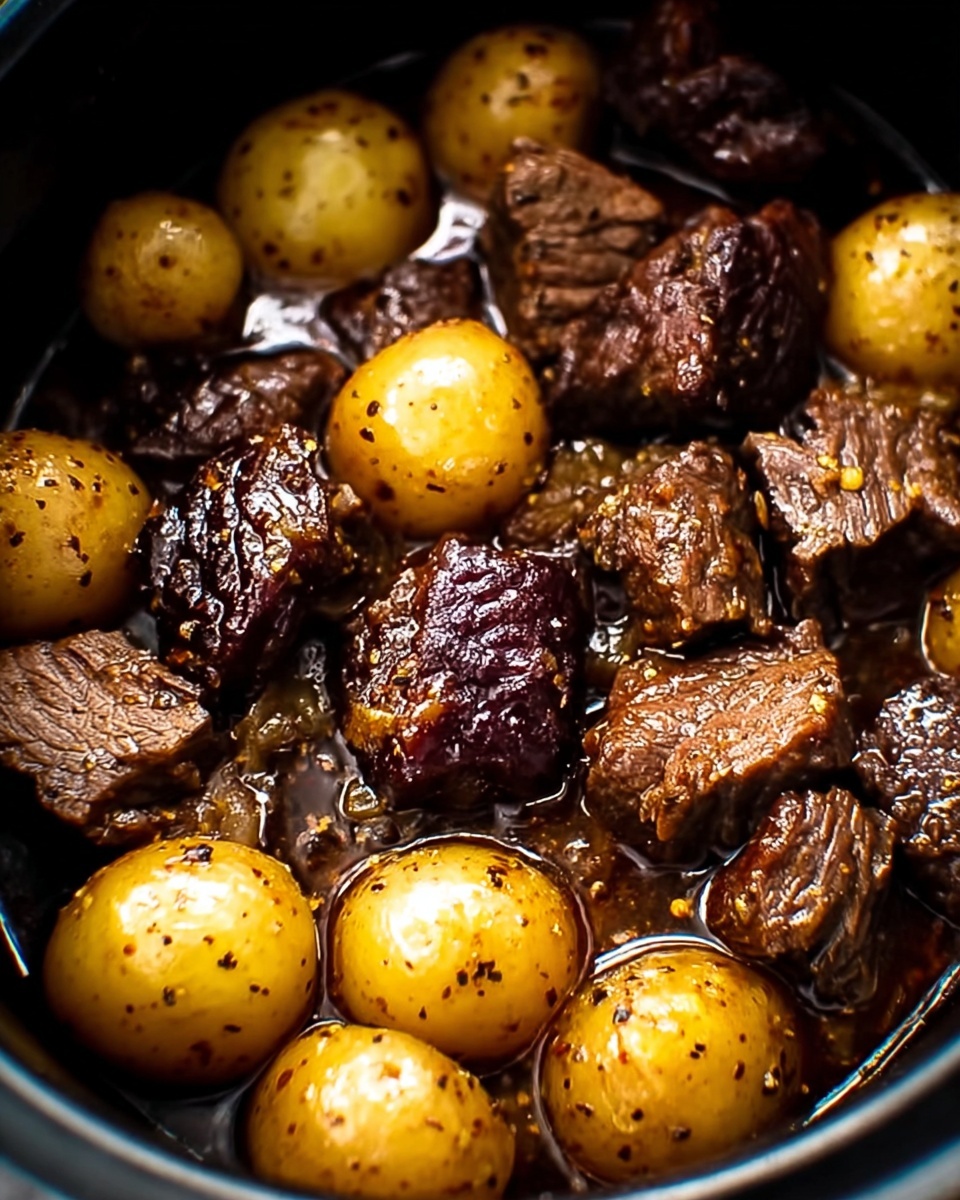 The image shows a close-up of a dish with several pieces of browned beef chunks mixed with small whole yellow potatoes, all coated in a shiny brown sauce. The beef pieces have a slightly crispy outside texture with some herbs and small bits of garlic visible. The yellow potatoes are smooth with a subtle shine and specks of herbs. The food sits inside a glossy black bowl, which contrasts with the rich colors of the beef and potatoes. The whole setting is on a white marbled surface. photo taken with an iphone --ar 4:5 --v 7
