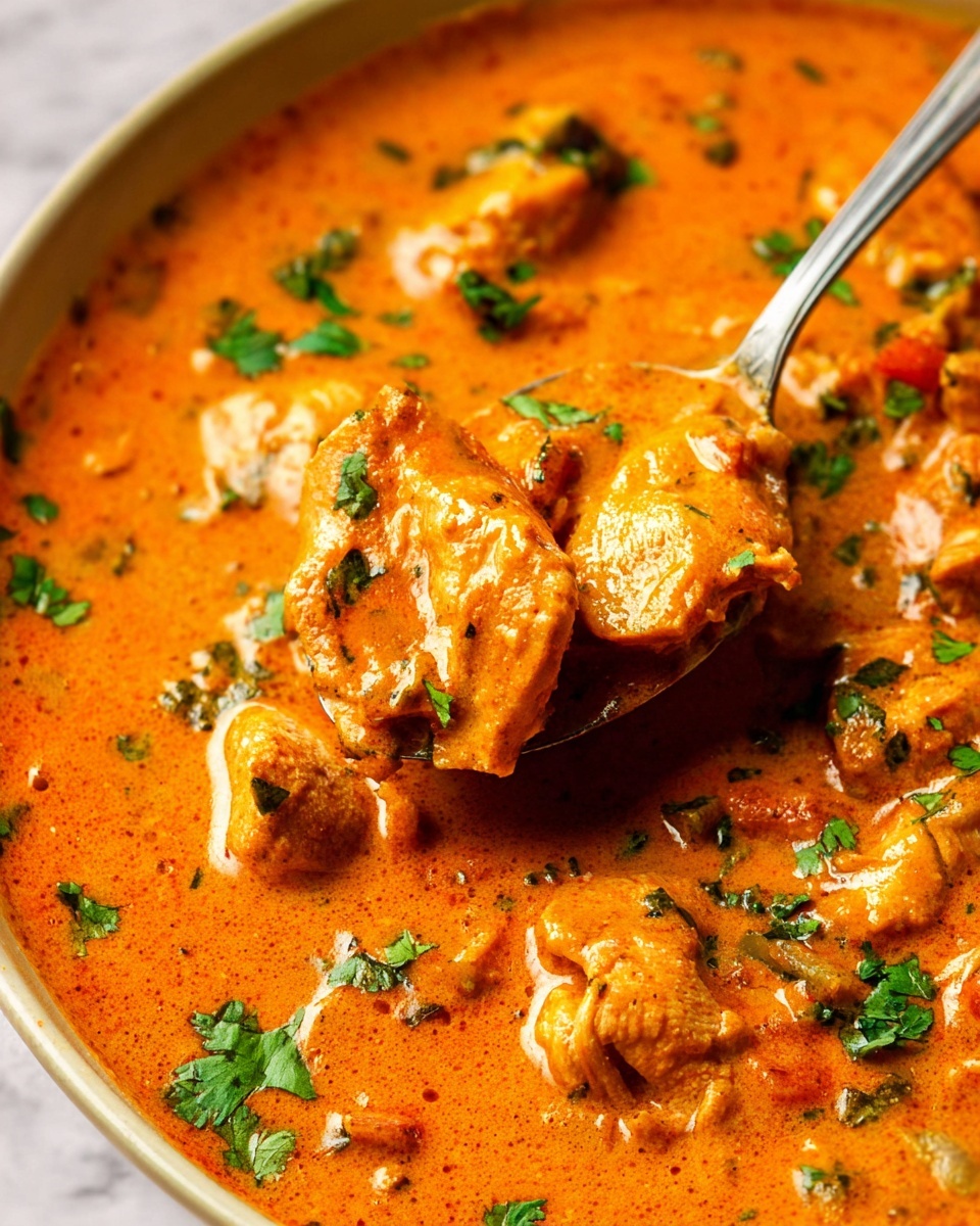 The image shows a close-up of a bowl filled with a rich, orange creamy soup that has visible chunks of light brown meat and small pieces of red pepper scattered throughout. The soup is garnished with fresh green herbs, likely cilantro, sprinkled evenly on top. The bowl is black, contrasting with the bright colors of the soup. The background features a white marbled texture that adds a clean and elegant touch to the presentation. photo taken with an iphone --ar 4:5 --v 7