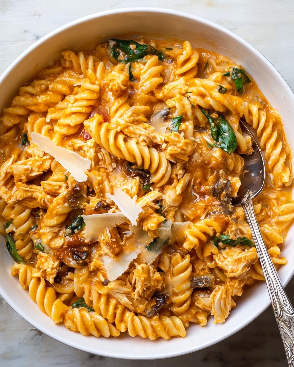The image shows a close-up of a bowl filled with thick spiral rotini pasta covered in a creamy orange sauce mixed with small pieces of white chicken, bits of sun-dried tomatoes, and some green leafy herbs. The sauce looks smooth and coats each pasta piece well, with some shredded white cheese sprinkled lightly on top. A silver spoon is partially visible inside the white bowl, resting among the pasta. The background is a white marbled texture, and the photo looks bright and clear. Photo taken with an iphone --ar 4:5 --v 7