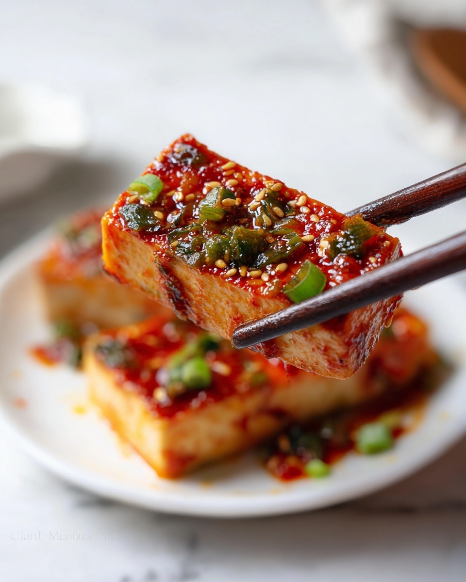 A white bowl with blue vertical stripes on the inside is filled with a layer of white rice at the bottom. On top are two layers of marinated tofu slices covered in a thick dark red sauce mixed with chopped green onions and bits of garlic. The tofu has a slightly crispy texture, and the sauce looks spicy and oily. In the background, there is a small clear white bowl filled with chopped green onions, placed on a white marbled surface, with wooden chopsticks nearby. photo taken with an iphone --ar 4:5 --v 7