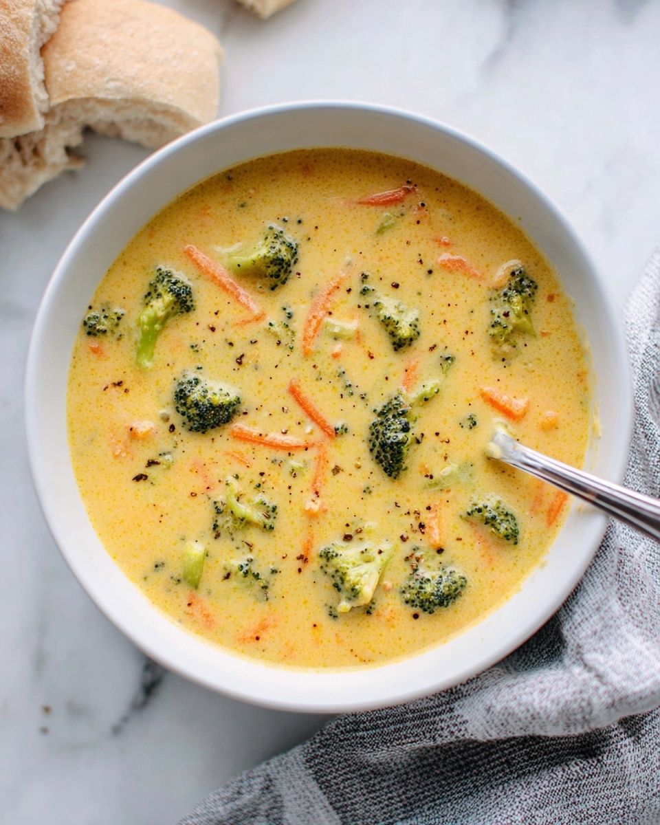 A white bowl filled with creamy light orange soup containing small bright green broccoli florets and thin orange carrot strips. The soup looks smooth with some small black pepper specks on top. A silver spoon rests on the right edge of the bowl. The bowl is placed on a white marbled surface with a gray and white striped cloth partially visible at the bottom right corner. photo taken with an iphone --ar 4:5 --v 7