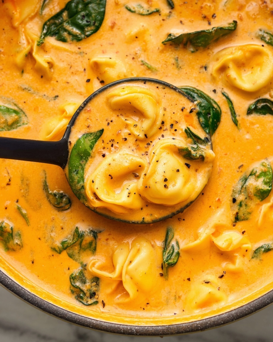 A close-up view of creamy orange soup filled with several yellow tortellini pieces and dark green spinach leaves scattered throughout. The soup has a smooth, thick texture with visible specks of black pepper. A black ladle scoops up some of the soup and tortellini, slightly raised above the surface. The scene is set on a white marbled texture that contrasts softly with the rich colors of the soup. Photo taken with an iphone --ar 4:5 --v 7