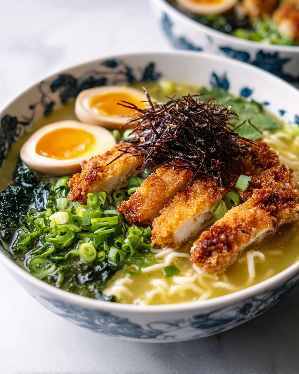 Two white bowls filled with ramen noodles in light green broth sit on a white marbled surface. Inside each bowl, the noodles form a thick base layer topped with dark green leafy vegetables. Sliced golden crispy chicken pieces with a crunchy texture are layered on one side of each bowl, garnished with thin, dark strands. A soft-boiled egg half with a bright yellow yolk and smooth white surrounds is placed next to the chicken. On the opposite side of the egg, a small mound of dark red paste is topped with chopped green onions, adding a fresh green color. A white plate with more crispy chicken pieces is partially visible on the left, and black chopsticks rest on the edge of the top bowl. photo taken with an iphone --ar 4:5 --v 7