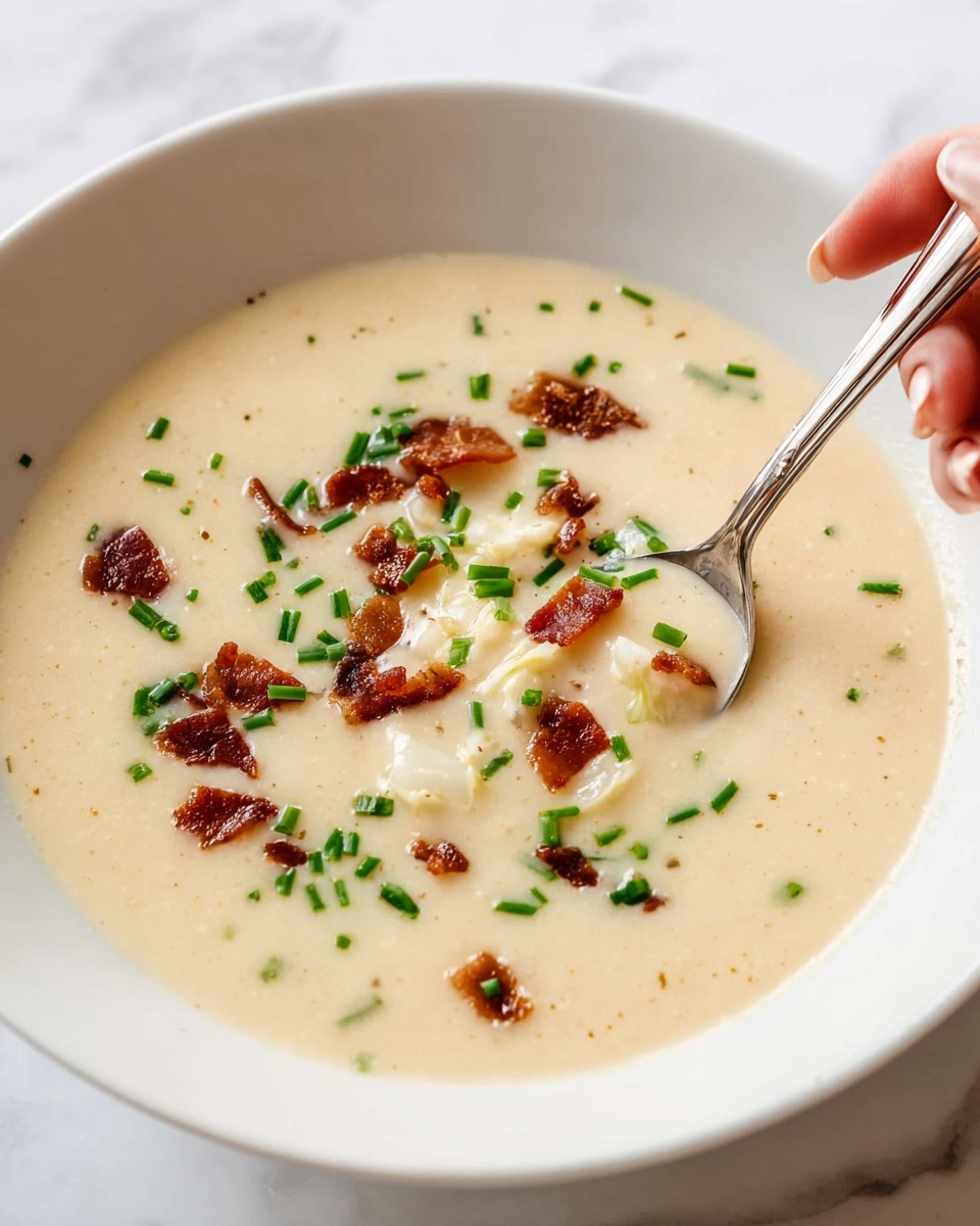 A white bowl filled with a creamy light beige soup, topped with small, crispy brown bacon pieces and bright green chopped chives scattered on the surface. A silver spoon is dipped into the soup, held by a woman's hand, stirring gently. The soup looks thick and smooth, with a few small lumps showing texture. The background is a white marbled surface. photo taken with an iphone --ar 4:5 --v 7