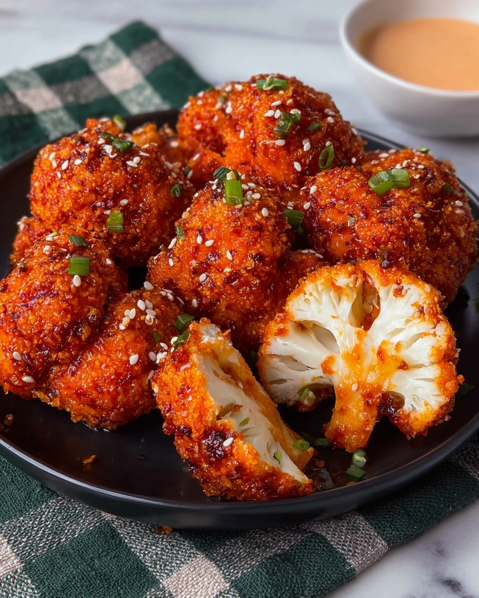 The image shows a black plate filled with seven pieces of bright orange fried cauliflower. Each piece has a crunchy texture with a thick crispy coating covered in a reddish sauce. Small white sesame seeds and tiny green onion pieces are scattered on top, adding color contrast and detail. One piece is cut in half, showing the white, soft cauliflower inside with a crisp golden-brown edge. The plate sits on a green and gray checkered cloth, placed on a white marbled surface, and a white bowl with light orange dipping sauce is partially visible in the background. photo taken with an iphone --ar 4:5 --v 7