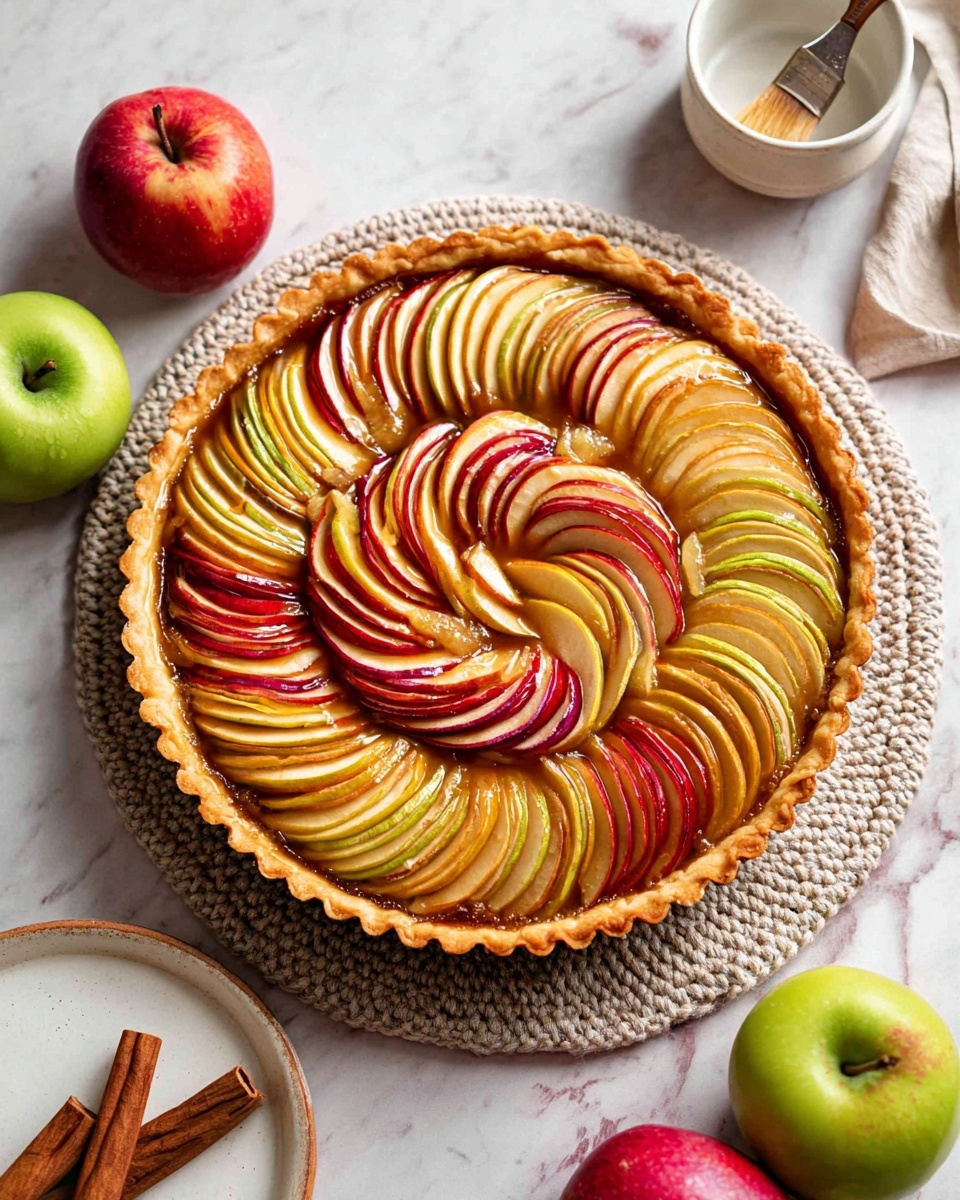 A slice of apple tart sits on a white plate, with three layers visible: at the bottom, a light golden crust with a crumbly texture; above that, a thin layer of dark brown filling; on top, thinly sliced apple pieces arranged in a fan shape, showing red, yellow, and green colors with a slight shiny glaze. In the background, part of the whole tart is visible with the same apple arrangement, placed on a white marbled surface, along with blurry red and green apples. Photo taken with an iphone --ar 4:5 --v 7