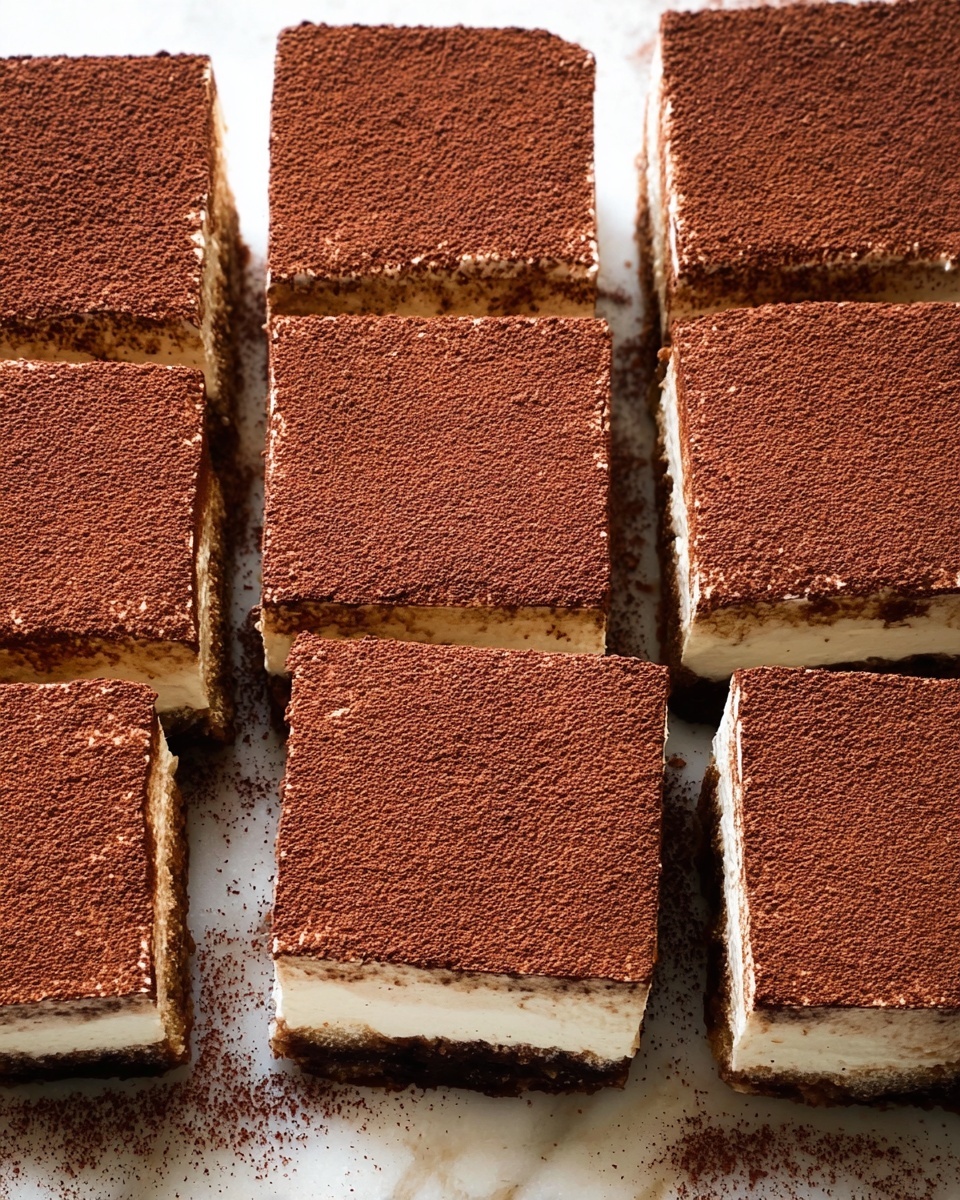 The image shows nine square pieces of tiramisu arranged in a close grid on a white marbled surface. Each piece has three visible layers: a bottom dark brown layer with a soft texture, a middle creamy off-white layer that looks smooth and thick, and a top layer dusted evenly with a fine, dark brown cocoa powder giving a dry, powdery texture. The pieces are cleanly cut with sharp edges, showing the distinct layers clearly. Some cocoa powder is scattered around the edges on the white marbled surface, emphasizing the top layer’s powdery finish. photo taken with an iphone --ar 4:5 --v 7
