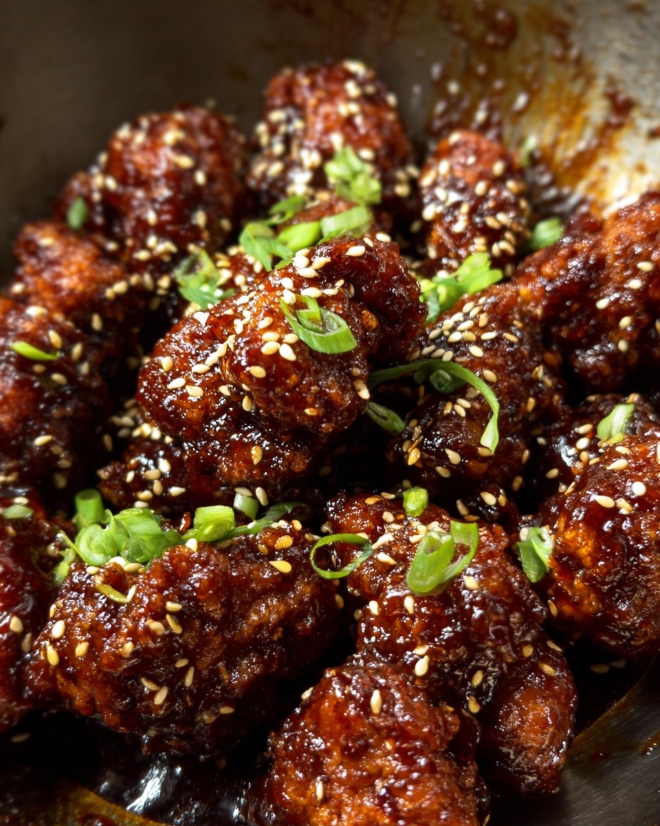 A close-up view of a single dark reddish-brown glazed piece of fried chicken held between a pair of brown chopsticks, topped with small white sesame seeds and small bright green chopped scallions. Below, a shiny metal pan holds many similar glazed chicken pieces with the same sesame seed and scallion garnish, creating a textured and rich surface. The background is softly blurred, drawing focus to the glossy chicken piece in the chopsticks. Photo taken with an iphone --ar 4:5 --v 7