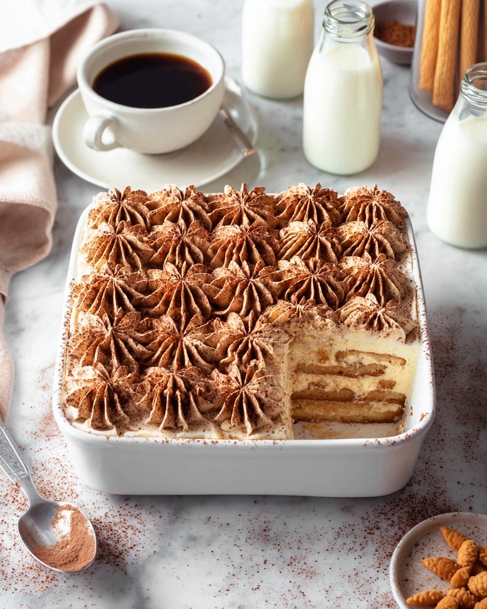 The dessert in a white square dish has two visible layers inside: a bottom layer of soaked light brown sponge cake and a thick creamy light tan middle layer. The top layer is decorated with evenly spaced swirls of light brown cream dusted with cocoa powder, giving a textured star shape pattern. One slice is missing, showing the inside layers clearly. The dish is set on a white marbled surface with a cup of black coffee, two bottles of milk, and some biscuit sticks around. Photo taken with an iphone --ar 4:5 --v 7