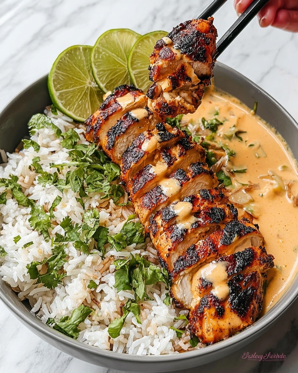 A white bowl filled with three main layers: at the bottom, a creamy, light orange sauce that covers the base; on top of this, white rice mixed with green cilantro leaves on the left side, with three lime wedges placed on the rice; on the right side, a row of grilled chicken pieces with dark charred edges, sliced evenly and drizzled with the same light orange sauce. A woman's hand using black chopsticks holds one piece of chicken above the bowl. The background is a white marbled texture. Photo taken with an iphone --ar 4:5 --v 7