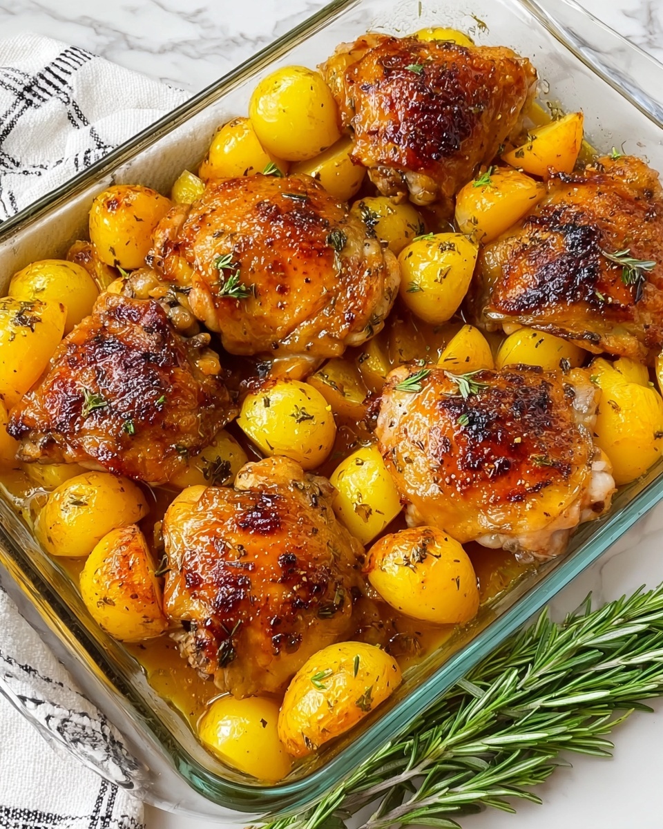 A glass baking dish filled with six golden brown roasted thighs arranged evenly on top of a layer of halved yellow potatoes with visible herbs sprinkled all over. The chicken skin is crispy with a shiny, slightly charred texture, giving a rich orange-brown color. The potatoes have a bright, glossy yellow color with some roasted marks and herbs on their surface. A sprig of fresh green rosemary is placed beside the dish on a white marbled surface and a white cloth with black lines is next to the dish. photo taken with an iphone --ar 4:5 --v 7
