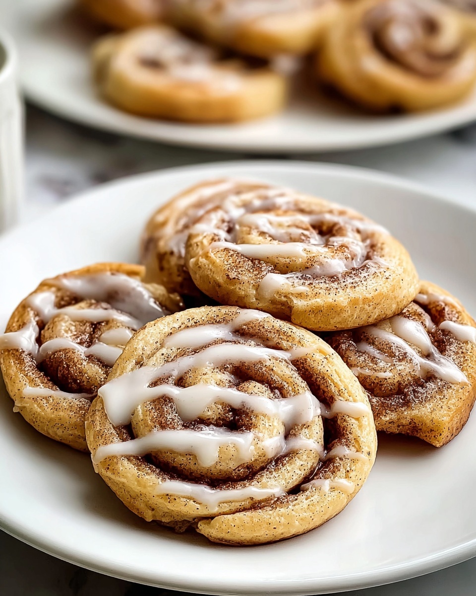 A white plate holds a stack of six small cinnamon rolls with a light golden-brown base and swirls of darker cinnamon brown on top. Each roll has a soft, fluffy texture with thick white icing drizzled unevenly over the top in wide stripes, adding a glossy finish. The rolls are closely packed, creating a cozy, inviting look with their spiral shapes prominent and slightly raised. The background shows a soft, blurred white marbled surface. photo taken with an iphone --ar 4:5 --v 7