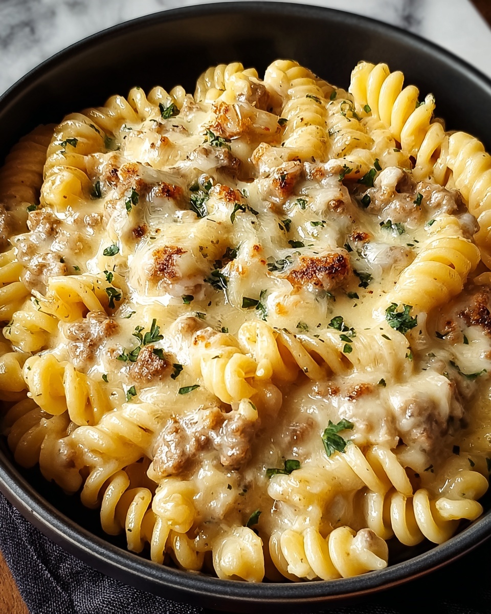A close-up view of a round black bowl filled with creamy pasta, where about three layers of spiral macaroni are coated in a thick, pale yellow cheese sauce that looks rich and smooth. Small browned bits of soft meat are mixed evenly throughout the sauce, creating a slightly chunky texture. The surface is dotted with melted golden brown cheese spots and sprinkled with small green herb pieces, adding color contrast. The bowl rests on a dark cloth, all set against a white marbled background. photo taken with an iphone --ar 4:5 --v 7