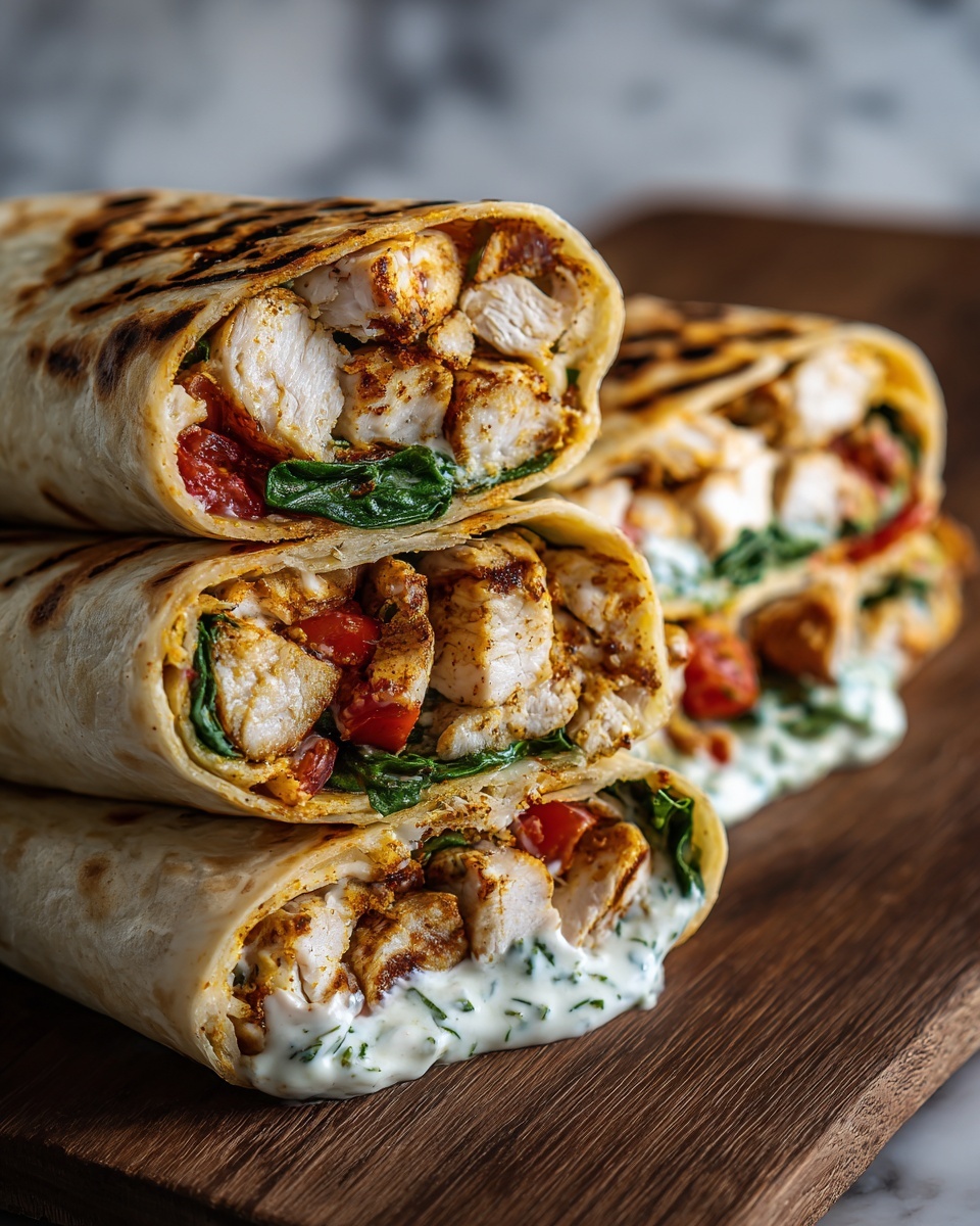 A close-up view of four grilled wraps stacked on a wooden board, each wrap cut in half showing three main layers inside: the outer layer is a golden-brown toasted tortilla with char marks; inside, chunks of seasoned cooked white meat, bright green fresh spinach leaves, and pieces of red tomato are visible; there is also a creamy white sauce with green herb flecks, spread near the meat and vegetables. The background is softly blurred with a white marbled texture. photo taken with an iphone --ar 4:5 --v 7