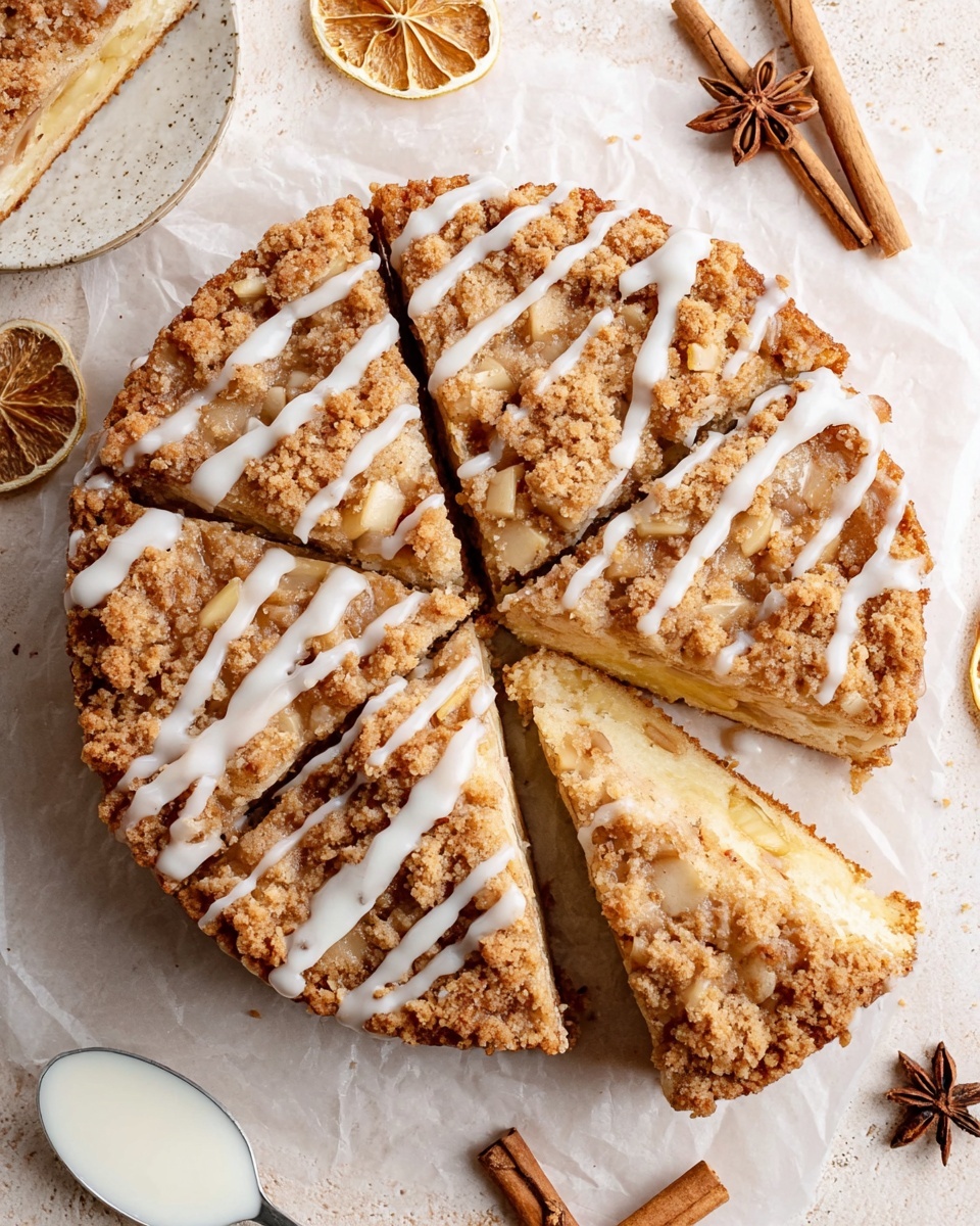 A single slice of crumb cake sits on two stacked white plates with a slightly scalloped edge, placed on a white marbled surface. The cake has three visible layers: a light golden yellow cake base with small apple chunks mixed inside, a middle layer of soft apple pieces creating a textured line, and a thick golden brown crumb topping that looks crunchy and slightly uneven. The crumb layer is drizzled with a thin white glaze that crosses in thin lines on top. A silver fork rests beside the cake on the plates. In the soft-focused background, there is another white plate with dried apple slices. photo taken with an iphone --ar 4:5 --v 7