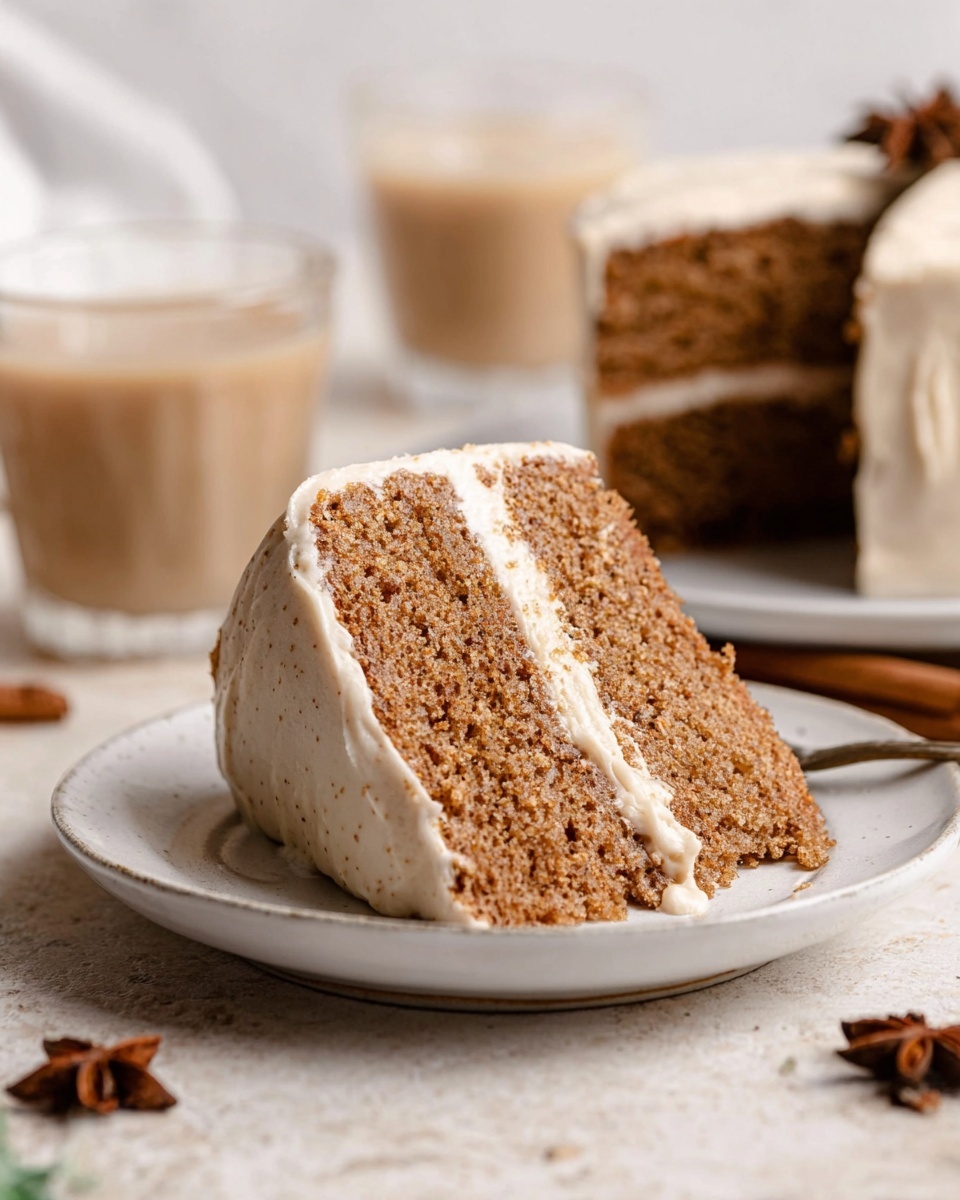 The image shows a close-up side view of a two-layer brown cake with a light cream filling and frosting. The bottom layer is a thick, spongy brown cake, topped with a smooth, thick white cream layer, and then another equal brown cake layer on top. The top of the cake is covered with an even, thick layer of white frosting, dusted lightly with brown powder, possibly cinnamon. A single brown star anise sits on the top left corner. The cake rests on brown parchment paper placed over a wooden cake stand. The background and surface have a white marbled texture. A glass with a light-colored drink is slightly blurred in the background. photo taken with an iphone --ar 4:5 --v 7