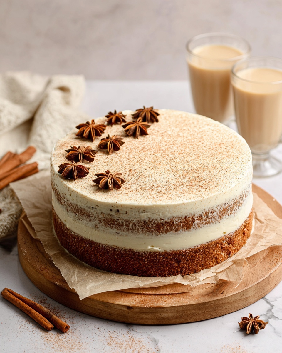 Chai Cake with Cream Cheese Frosting Recipe 6 A slice of two-layer brown cake with visible crumb texture sits on a white plate with a slightly scalloped edge; between the layers and covering the outside is a smooth, light cream-colored frosting with small specks, giving it a soft, creamy texture. In the background, there are blurred glasses with a light beige drink and some star anise scattered around, all set on a white marbled surface. photo taken with an iphone --ar 4:5 --v 7