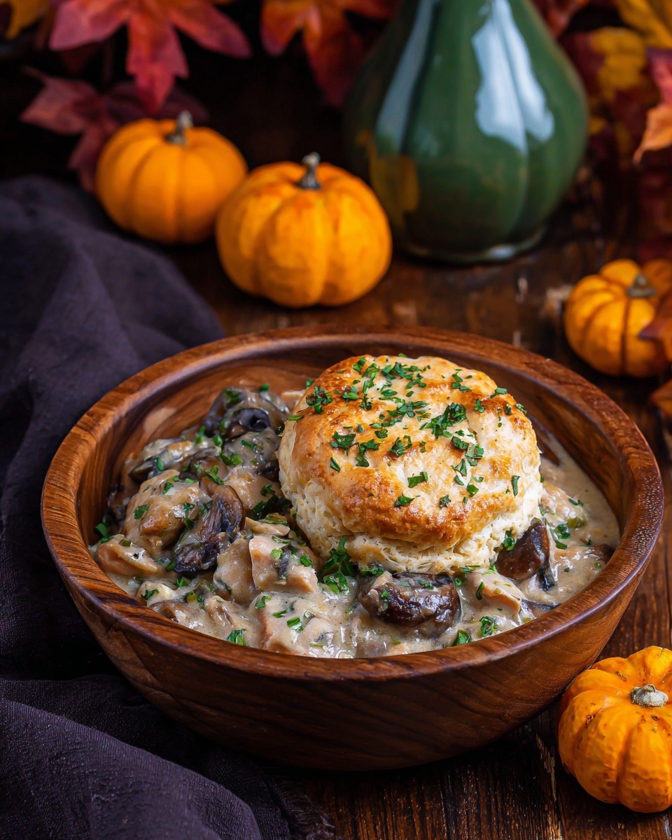 This image shows a round red pot filled with two layers. The bottom layer is a dark brown stew with visible chunks of mushrooms and herbs, giving it a thick and hearty texture. On top, there are eight golden-brown biscuits arranged in a close circular pattern, each biscuit topped with finely chopped green herbs. The biscuits look soft with a slightly crisp surface. The pot is placed on a wooden table with small orange pumpkins around it, all on a white marbled surface. Photo taken with an iphone --ar 4:5 --v 7