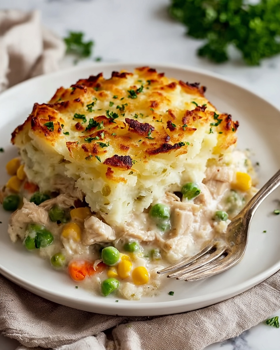 A white plate holds a layered dish with the top layer made of golden-brown mashed potatoes that look slightly crispy and textured, sprinkled with small green parsley pieces. Below the potato layer is a creamy mixture showing chunks of light beige cooked chicken, bright yellow corn, green peas, and small orange carrot cubes, all mixed in a white creamy sauce. A silver fork rests beside the food on the plate. The plate sits on a soft beige cloth with some parsley greens blurred in the white marbled background. photo taken with an iphone --ar 4:5 --v 7