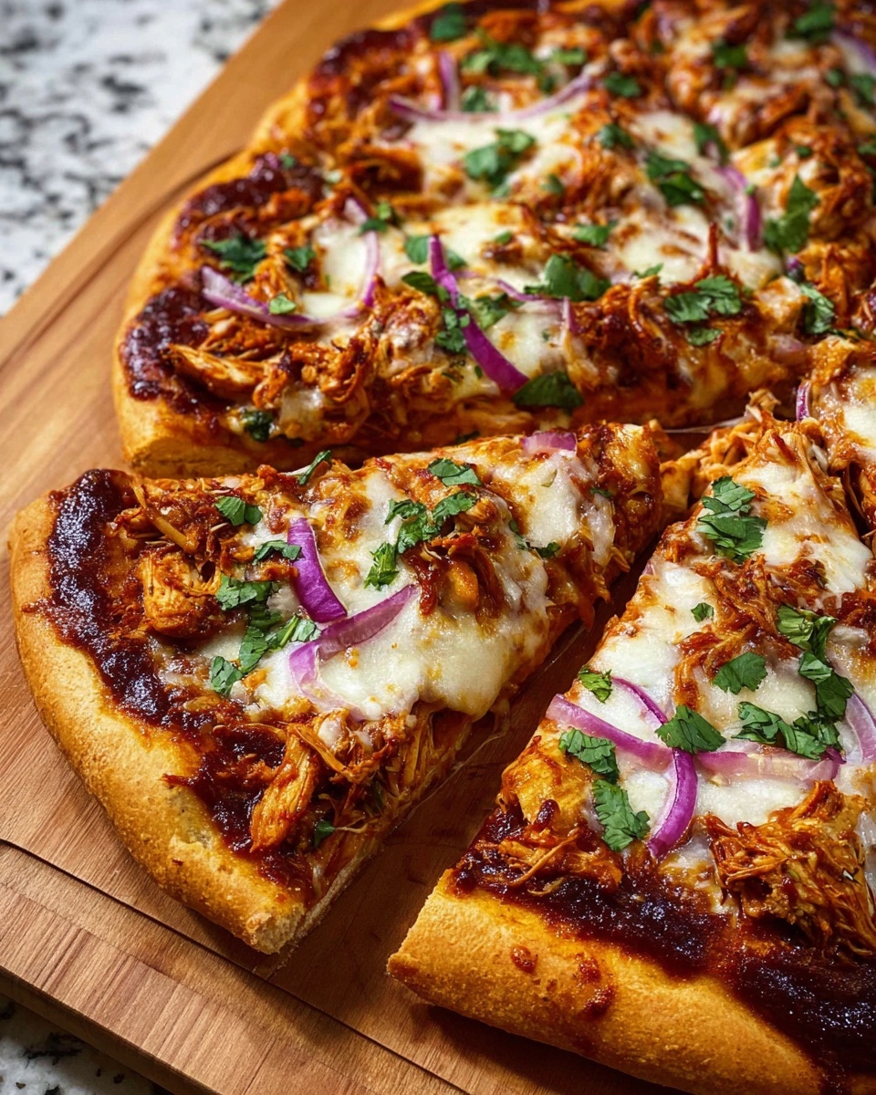 A close-up view of a pizza slice held by a woman's hand, showing three main layers: a thick, golden brown crust at the bottom, a layer of melted white cheese with slightly browned spots on top, and a topping layer featuring small pieces of grilled chicken with a charred texture, thin slices of green bell pepper, and a few slices of purple onion scattered across. Fresh green herb leaves add color on the top. The pizza is served on a wooden board with a white marbled background photo taken with an iphone --ar 4:5 --v 7