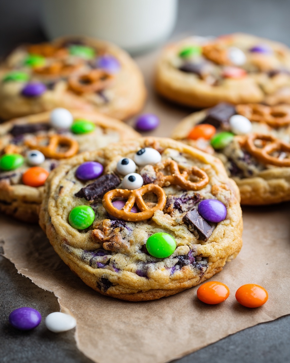 A close-up view of several round cookies on a white marbled surface. Each cookie is light brown with a slightly textured, soft-looking surface and is topped with colorful candy-coated chocolates in orange, purple, and green, black chocolate chips, and small broken pretzel pieces, which add a crunchy detail. The cookies look thick and slightly bumpy. Photo taken with an iphone --ar 4:5 --v 7