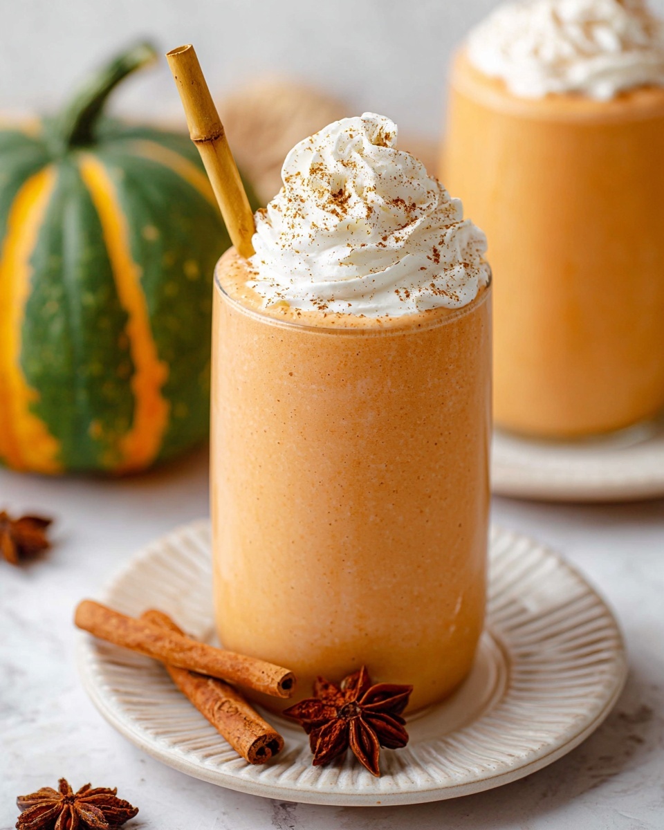 A tall, clear glass filled with a thick, light orange smoothie with small specks visible throughout. The smoothie is topped with a spiral of white whipped cream sprinkled with a light dusting of brown cinnamon powder. A light brown straw sticks out from the whipped cream at the back of the glass. The glass is set on a white plate with grooves along the edge, placed on a white marbled surface. Around the plate are two whole cinnamon sticks on one side and a star anise on the other. In the background, a green and yellow pumpkin and another glass with the same smoothie can be seen slightly blurred. photo taken with an iphone --ar 4:5 --v 7