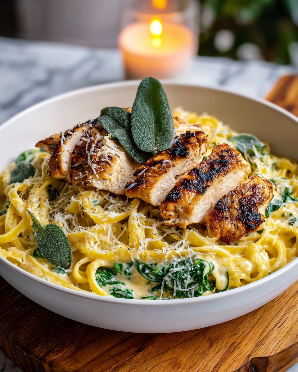 Pumpkin Sage Chicken Alfredo Recipe 5 A bowl with creamy pasta in a rich orange-yellow sauce makes the bottom layer, covered with fresh green herb leaves scattered on top. On the pasta lies a layer of grilled sliced chicken showing dark grill marks and a slightly crispy texture. The chicken slices are arranged in a neat row across the pasta. The bowl sits on a gray cloth, with a dark wooden table and blurred small pumpkins and a lit candle in the warm background, all on a white marbled surface. photo taken with an iphone --ar 4:5 --v 7