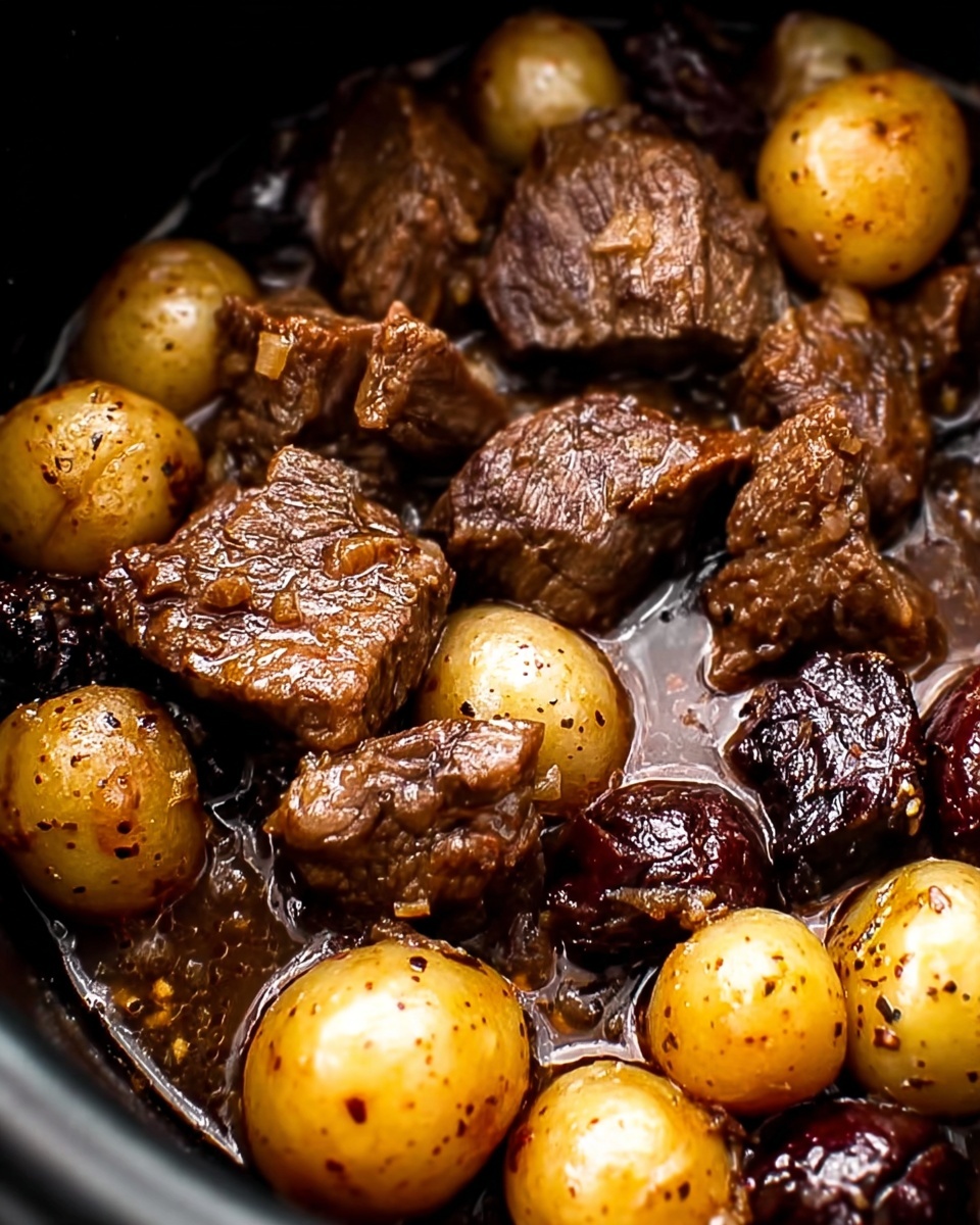 A white round plate holds two main layers: on the left side are several pieces of dark brown cooked meat with a rough texture, arranged closely together, and on the right side are small, smooth, yellow baby potatoes with some seasoning visible. A small sprig of green thyme is placed on top of the meat for garnish. The plate sits on a white marbled surface with a black and white cloth partially visible to the left, and a small white dish with green chopped herbs blurred in the background. Photo taken with an iphone --ar 4:5 --v 7