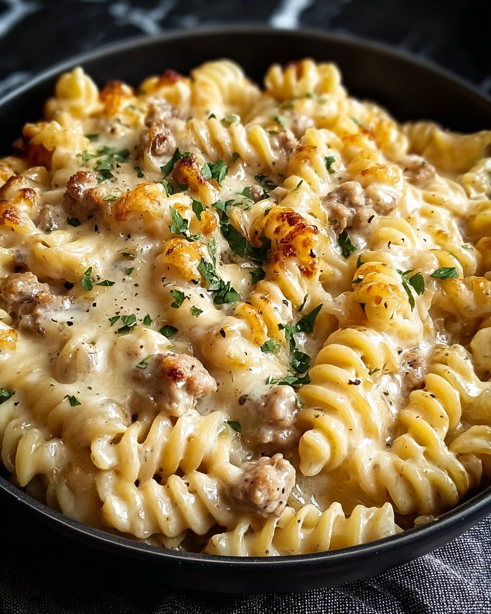 This image shows a black bowl filled with creamy pasta. The pasta spirals are covered in a thick, white sauce that looks smooth and cheesy. There are small pieces of light brown meat mixed in, and the top has some browned, slightly crispy spots from baking. Green parsley bits are scattered on top to add color. The bowl sits on a dark cloth, all placed on a white marbled surface. photo taken with an iphone --ar 4:5 --v 7