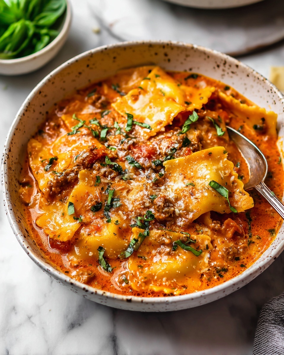 A white bowl filled with a creamy orange-red pasta soup that has visible wavy lasagna noodles, chunks of tomato, bits of green herbs, and melted white cheese on top. A silver spoon is placed inside the bowl resting on the right side. Around the bowl, on a white marbled surface, are fresh green basil leaves on the upper right, some garlic cloves above the bowl, shredded green herbs on a small white plate to the upper left, coarse salt in a small brown bowl below it, and a piece of hard cheese to the lower left. A soft pink cloth is partially visible under the bowl on the right side. Photo taken with an iphone --ar 4:5 --v 7