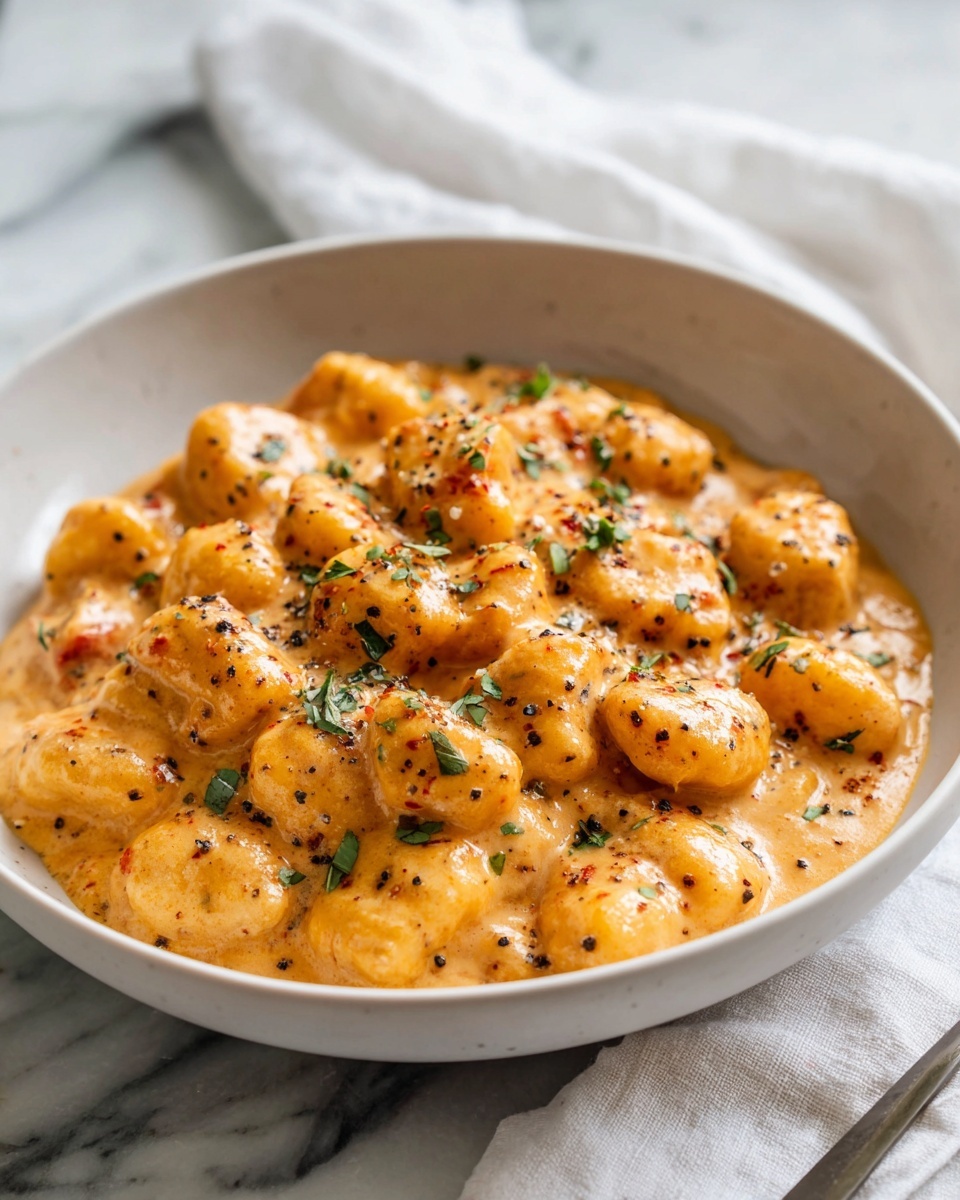 The image shows a close-up of a white bowl filled with soft, small gnocchi pieces covered in a creamy, light orange sauce speckled with black pepper and small green herb leaves. The gnocchi has a smooth texture, and the sauce looks thick and rich. Tiny bits of what seem like cooked tomato are mixed in the sauce. The bowl sits on a white marbled surface with a white cloth nearby, and the lighting is soft and bright, emphasizing the textures and colors of the dish. photo taken with an iphone --ar 4:5 --v 7