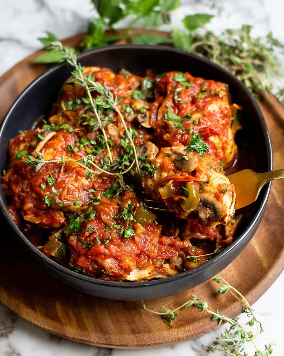 Slow Cooker or Instant Pot Chicken Cacciatore Recipe 5 A round black bowl filled with a dish of three main layers: the bottom layer is thin spiral noodles in light cream color, topped by chunks of cooked chicken pieces mixed with sliced light brown mushrooms and green bell peppers. The top layer is a rich orange-red tomato-based sauce with visible small vegetable bits, garnished with fresh green parsley leaves and sprigs of thyme. A gold fork is resting inside the bowl, partially submerged in the food. The bowl is placed on a wooden board, surrounded by scattered green parsley leaves, all set on a white marbled surface. Photo taken with an iphone --ar 4:5 --v 7