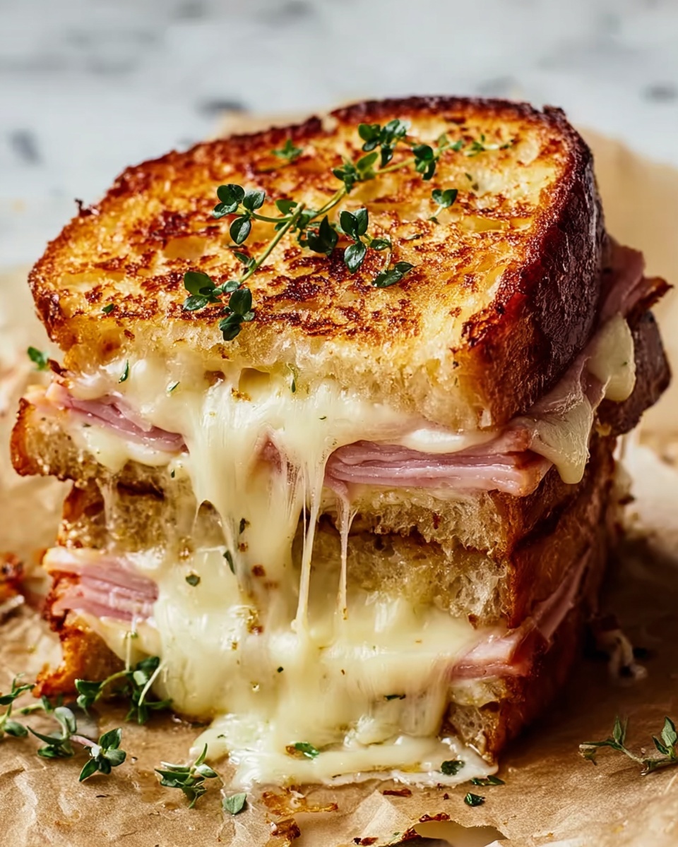 Savory French Croque Monsieur for Homemade Comfort Bliss Recipe 5 A close-up image of a grilled cheese sandwich with three layers: the top and bottom layers are thick slices of golden-brown toasted bread with a crispy texture, sprinkled with small green herbs on the top slice; the middle layers consist of two layers of melted, creamy light yellow cheese oozing down the sides, with a layer of light pink ham between them, visible through the cheese; the sandwich sits on a white marbled surface, and the edges of the bread show a slight crispy crumb. Photo taken with an iphone --ar 4:5 --v 7