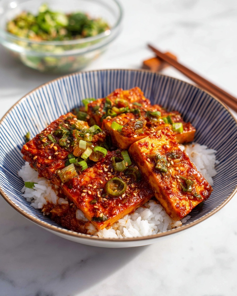 A close-up of a rectangular piece of tofu covered in a shiny red sauce with visible sesame seeds and chopped green onions on top, held by dark wooden chopsticks. The tofu looks tender with a slightly crispy edge and has a glossy texture from the sauce. Below it, a white plate carries another similar tofu piece resting on a white marbled surface, slightly blurred to keep the focus on the front tofu. The scene is bright with natural light, giving the sauce a rich and appetizing color. Photo taken with an iphone --ar 4:5 --v 7