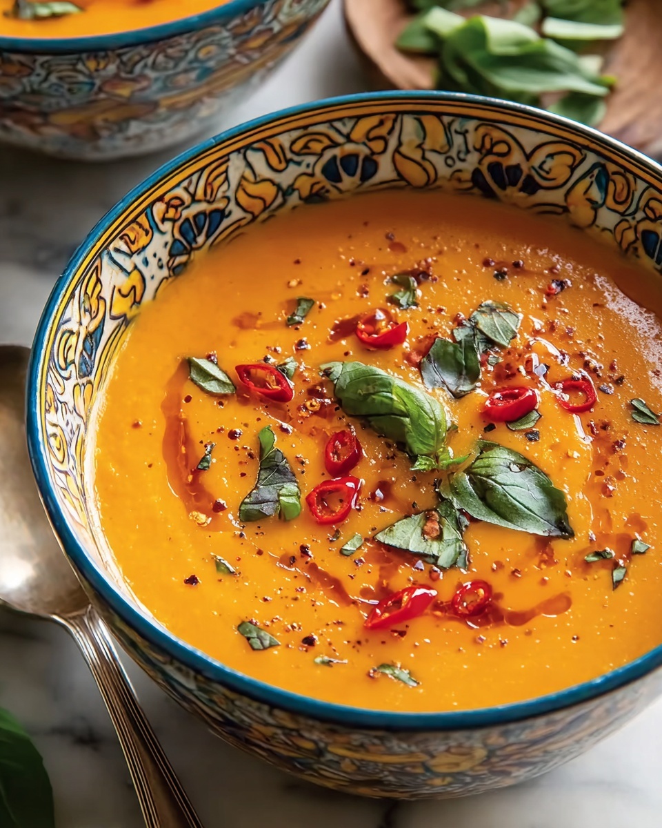 A bowl filled with smooth orange soup, topped with small pieces of red pepper, tiny green herb leaves, a few grinds of black pepper, and a fresh green basil leaf placed in the center. The bowl is white with blue, yellow, and dark patterns, resting on a tray with a colorful design. In the background, there is a lemon slice and some green herb leaves on a white marbled surface. A spoon is placed to the side. Photo taken with an iphone --ar 4:5 --v 7
