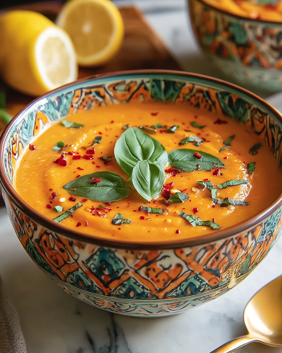 A close-up view of an orange creamy soup served in a white bowl decorated with intricate blue and yellow patterns. The smooth soup surface is topped with small red chili slices, fresh green basil leaves, scattered chopped herbs, and a drizzle of red chili oil, with tiny specks of black pepper adding texture. The bowl sits on a white marbled surface next to a small silver spoon and some green herb leaves. Photo taken with an iphone --ar 4:5 --v 7