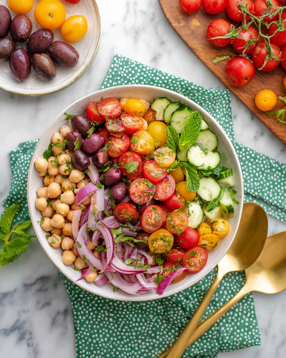 Greek Chickpea Salad Recipe 5 A large white bowl is filled with a colorful salad made of four main layers: the base layer has light beige chickpeas scattered all over, the second layer includes bright red and yellow halved cherry tomatoes and green cucumber chunks with bumpy texture, the third layer is thin slices of purple red onion spread evenly, and the top layer has fresh green mint leaves sprinkled throughout. The salad has a light dressing that gives a slight shine to the ingredients. Around the bowl, on a white marbled surface, there is a white bowl with white cheese cubes, a white plate with dark purple olives, a wooden board with red and yellow cherry tomatoes, a green cloth napkin with white stitches, and two golden serving spoons with black handles. Photo taken with an iphone --ar 4:5 --v 7