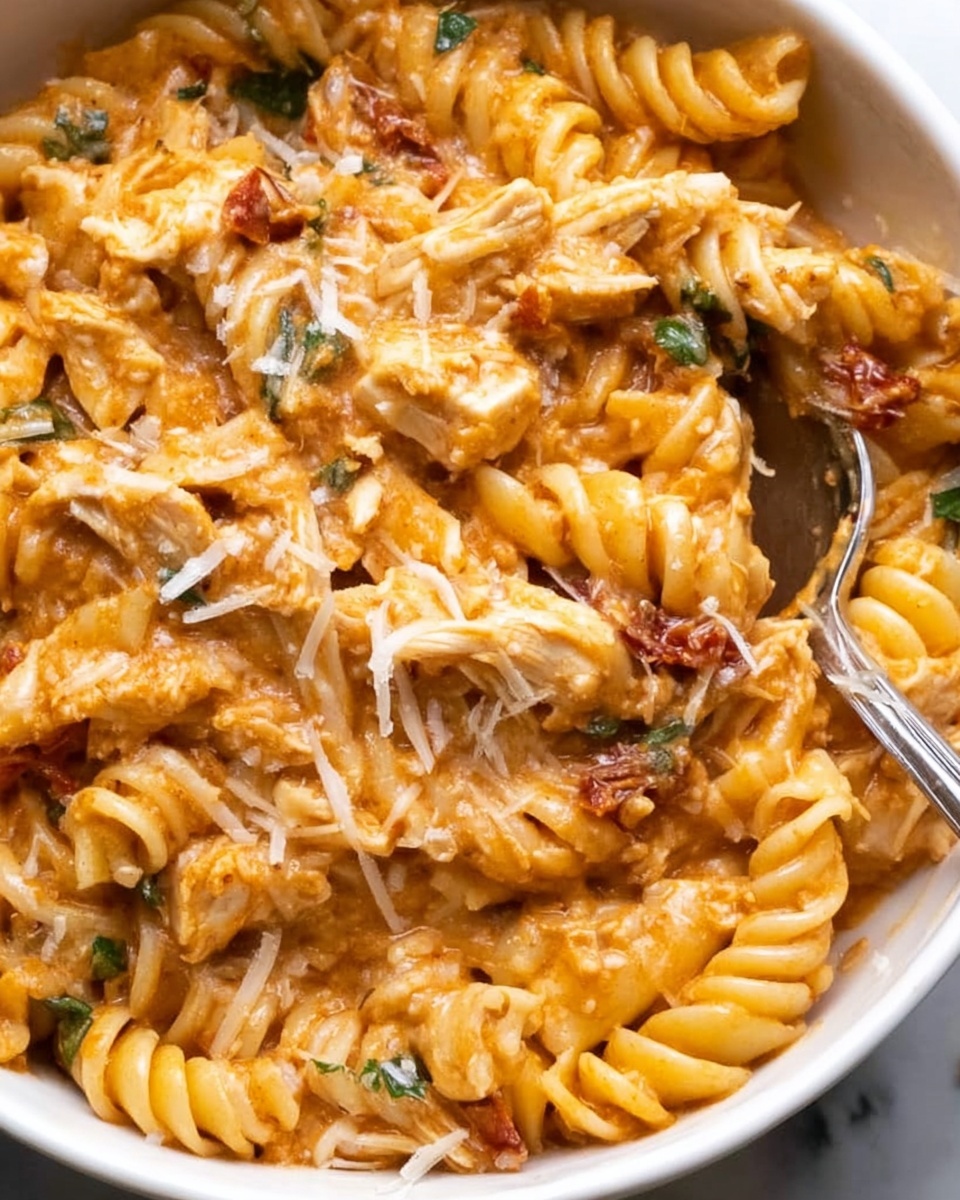 The image shows a close-up of a white bowl filled with a creamy orange pasta dish. The dish has three main layers: short spiral pasta evenly spread throughout, shredded pieces of white chicken mixed in, and small dark green spinach leaves scattered on top. The sauce looks thick and smooth with visible specks of black pepper and small pinkish-red tomato bits. The bowl is placed on a white marbled surface. photo taken with an iphone --ar 4:5 --v 7