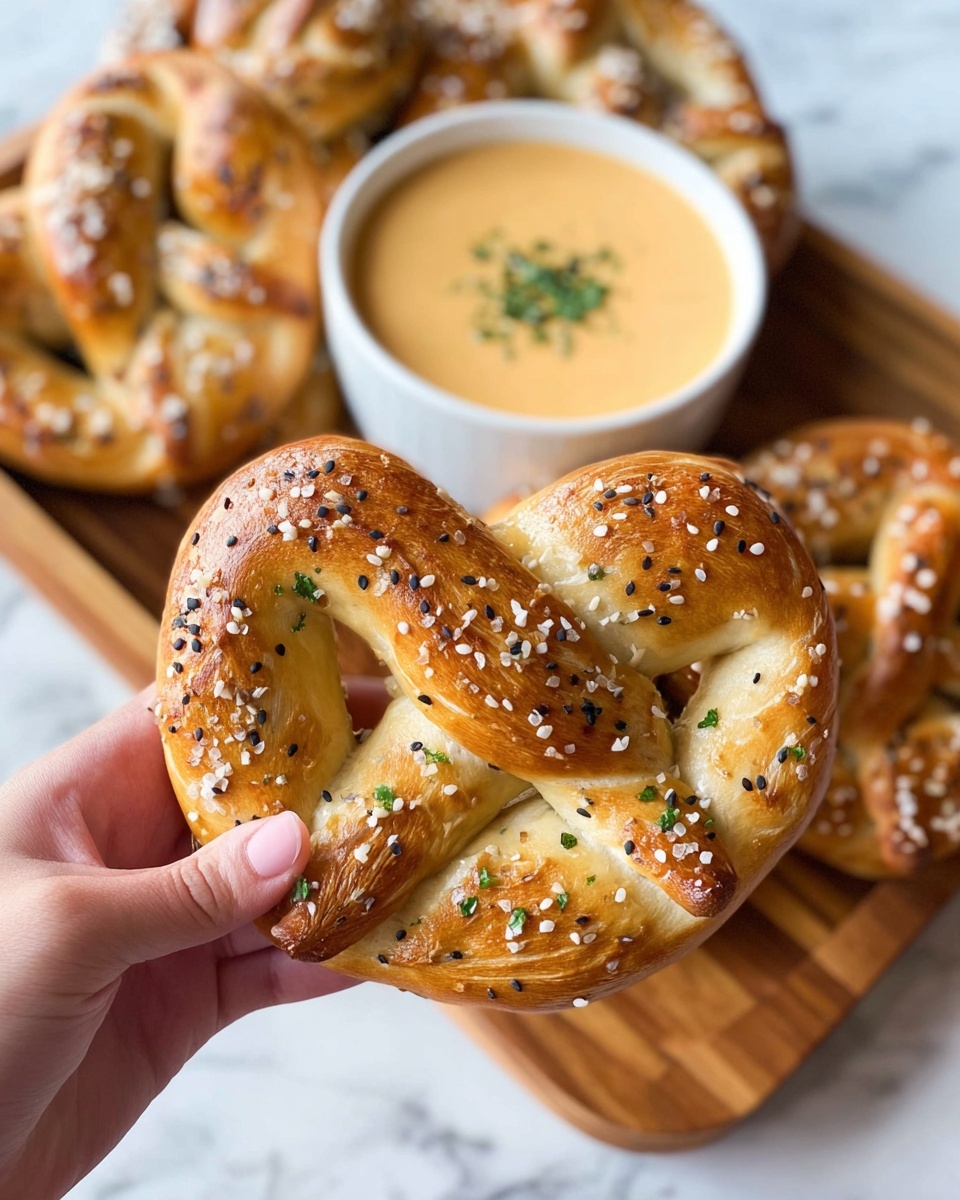 A woman's hand is holding a golden brown soft pretzel shaped in a large loop with two ends crossed at the bottom, sprinkled with coarse salt, black sesame seeds, and seasoning flakes; behind it, there is a white bowl filled with creamy orange cheese sauce topped with small green herb bits, all placed on a wooden tray with more pretzels in the background, the whole scene set on a white marbled surface. photo taken with an iphone --ar 4:5 --v 7