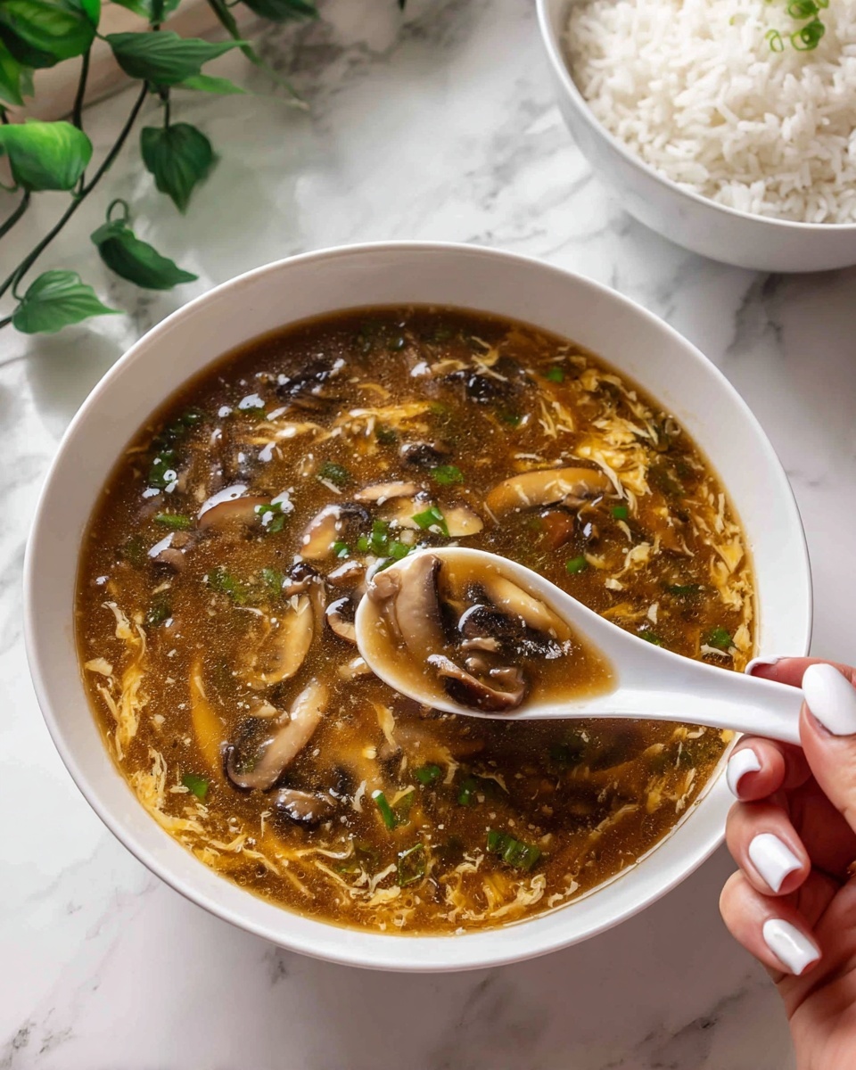 A close-up of a black ladle lifting a golden brown soup filled with visible slices of light brown mushrooms with dark edges, small bright green green onion pieces, and wisps of pale yellow egg strands. The soup has a slightly thick, shiny texture with small chunks of lighter colored ingredients throughout. The ladle is held over a large white pot with a dark blue outer side, set on a gas stove. The background shows the white marbled surface slightly blurred. photo taken with an iphone --ar 4:5 --v 7