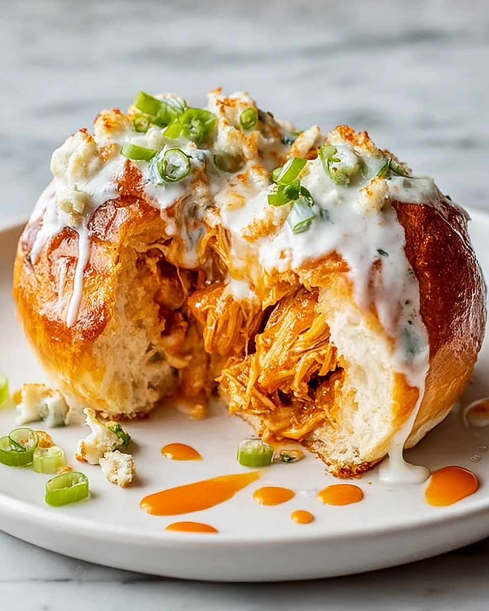 The image shows a round bread ball split open on a white plate with a white marbled texture background. The outer layer is shiny and golden brown, with a soft and fluffy inside full of shredded orange chicken mixed with melted cheese. A white creamy sauce is drizzled over the top, flowing down the sides and pooling on the plate. Small green slices of scallion are scattered on the top and around the plate. The filling spills out slightly, showing a rich and creamy texture with a bright orange sauce nearby. Photo taken with an iphone --ar 4:5 --v 7