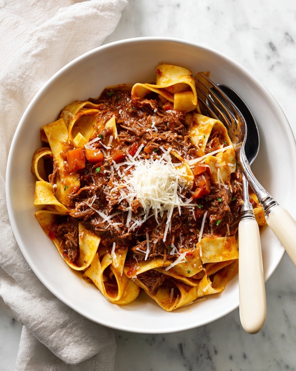A large round pot with light green handles holds a rich, deep red-brown stew. The stew has a thick, slightly oily surface with small herbs and spices floating throughout. In the center, there is a pile of shredded dark brown meat sitting on top of the liquid, showing fibrous texture and slight shine. The pot is placed on a white marbled surface, with a light cloth near one handle. The inside rim of the pot has some splashes of the stew, adding a rustic touch. Photo taken with an iphone --ar 4:5 --v 7