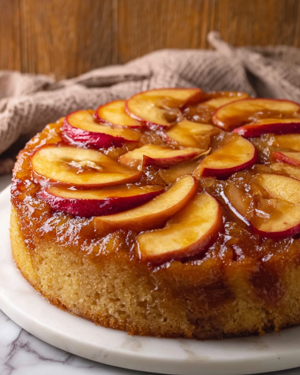 A round apple upside-down cake with a golden brown caramel layer on top, featuring nicely arranged slices of red-skinned apples in a circular pattern, some apple slices are in semi-circle shapes and others are ring shaped with the core visible. The cake layer beneath is light brown, soft and moist with a slightly rough texture. The cake sits on a white plate, placed on a white marbled surface, and the background shows a blurred, warm wooden texture and some fabric. photo taken with an iphone --ar 4:5 --v 7