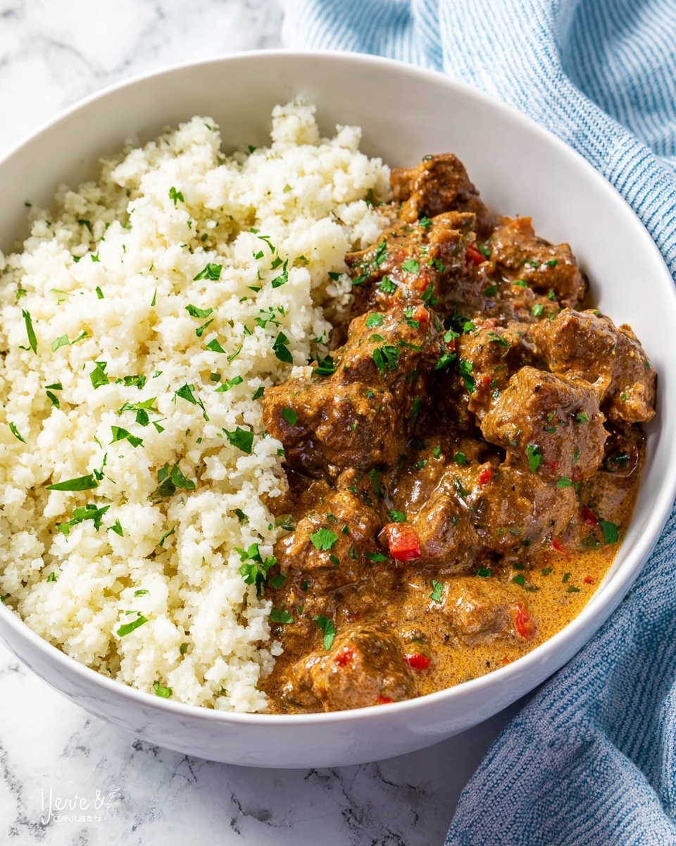 A white bowl filled with several chunks of brown meat covered in a thick, slightly shiny brown sauce. Small bits of carrot and other vegetables are mixed in the sauce, which is spread evenly over the meat. Bright green chopped herbs are scattered on top, adding a fresh contrast to the rich sauce. The bowl sits on a light brown cloth on a white marbled surface, with a silver fork placed slightly behind the bowl. Photo taken with an iphone --ar 4:5 --v 7