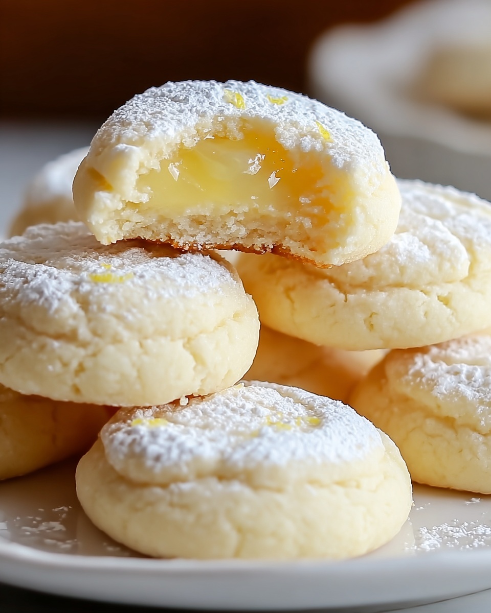 The image shows a close-up of three pale yellow cookies stacked on top of each other on a white marbled surface. The top cookie has a visible bite taken out of it, revealing a soft and crumbly inside texture with a slight shine, suggesting it is moist. Each cookie is round with a cracked surface and a dusting of white powdered sugar on top, giving them a delicate, slightly rough texture. The edges are soft and slightly uneven, emphasizing a tender, fresh-baked look. Photo taken with an iphone --ar 4:5 --v 7
